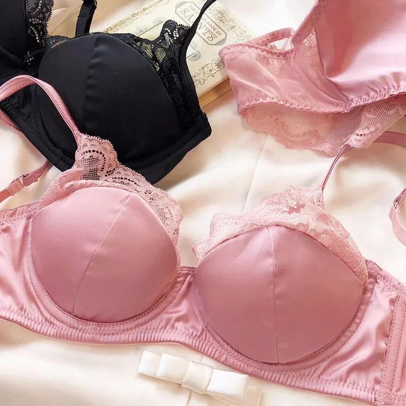 Lace satin thin section of large breasts show small gathered lingerie soft steel ring underwear set women sweet bra — image 3