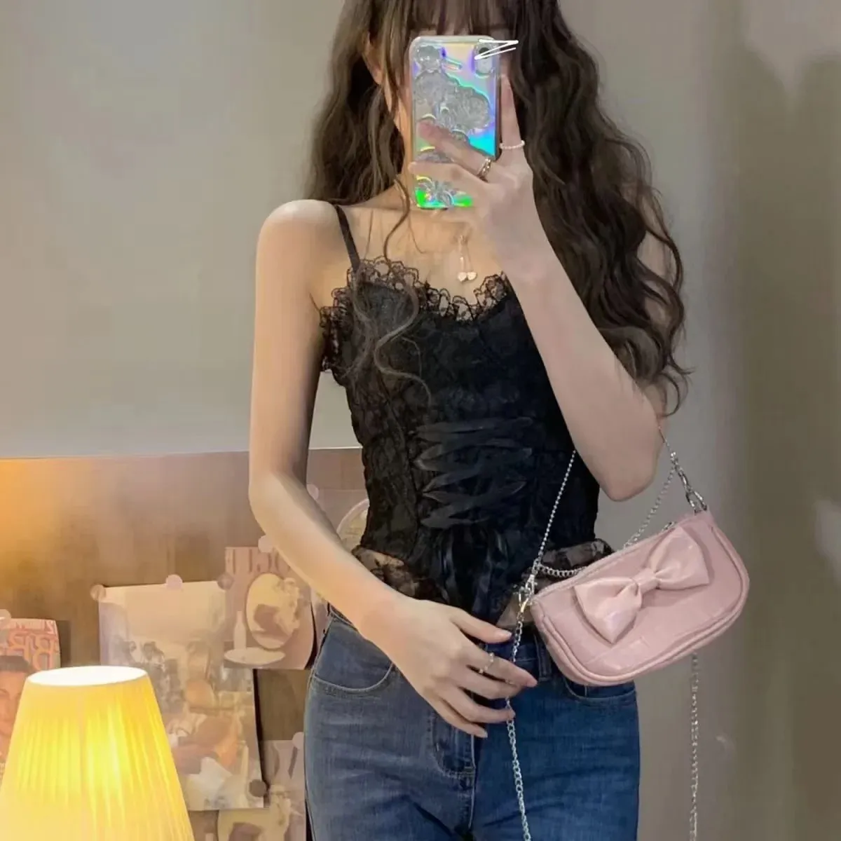 French-Style Sexy Lace Strapless Tank Top with Padding Fashionable Lace Elastic Pleated Back Sweet Lace Trim