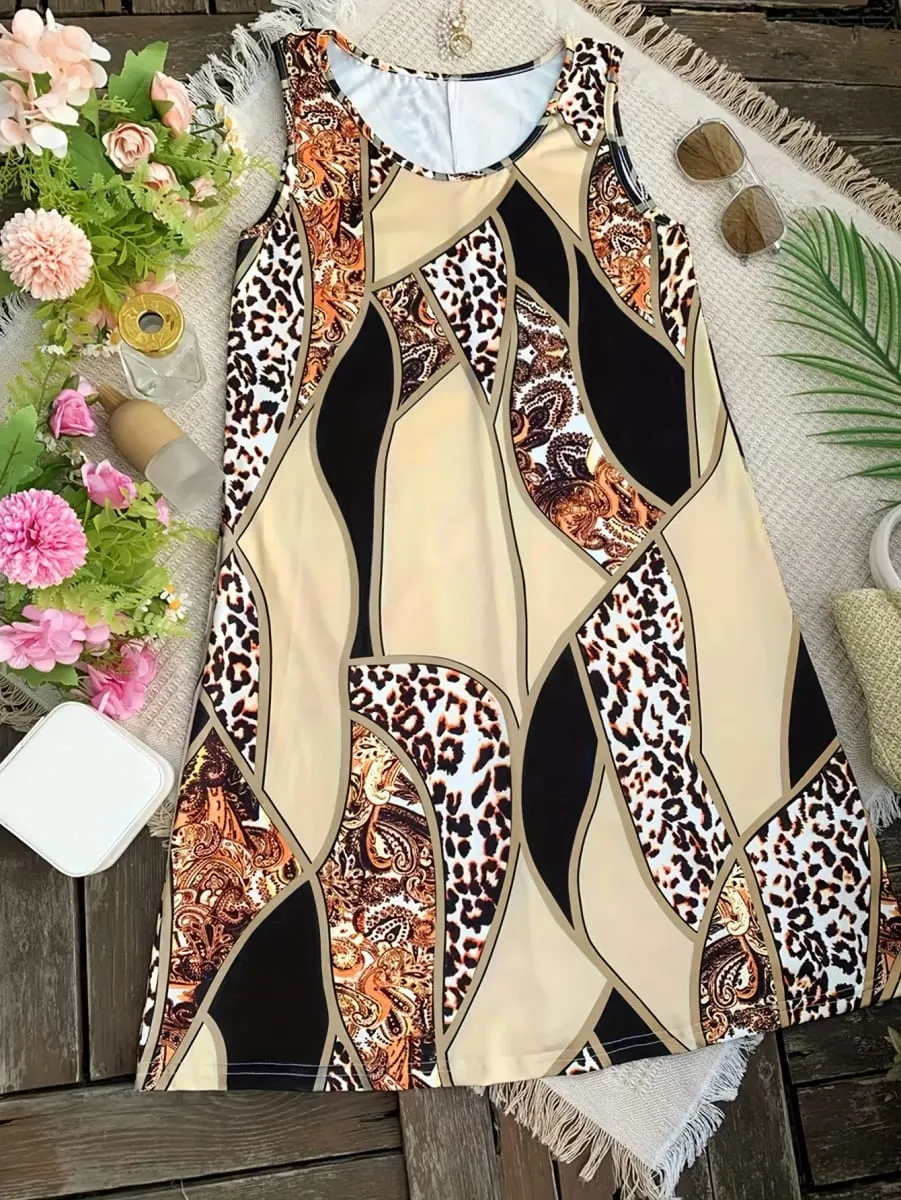 Women's Leopard Paisley Patchwork Print Sleeveless Dress Summer Casual Round Neck Loose A Line Swing Sundress — image 3