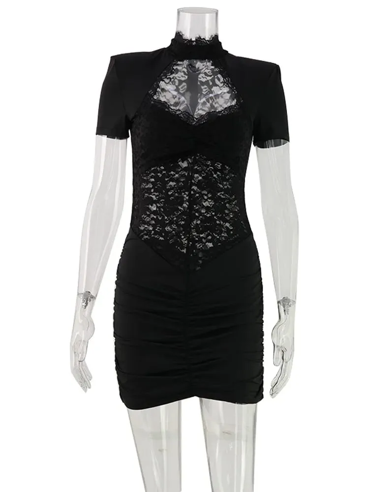 Krajka Patchwork Hollow Out Dámské Šaty Krátký rukáv Bočnice Pochva Trendy Hot Girl Sexy Club Outfity Dámské Bodycon