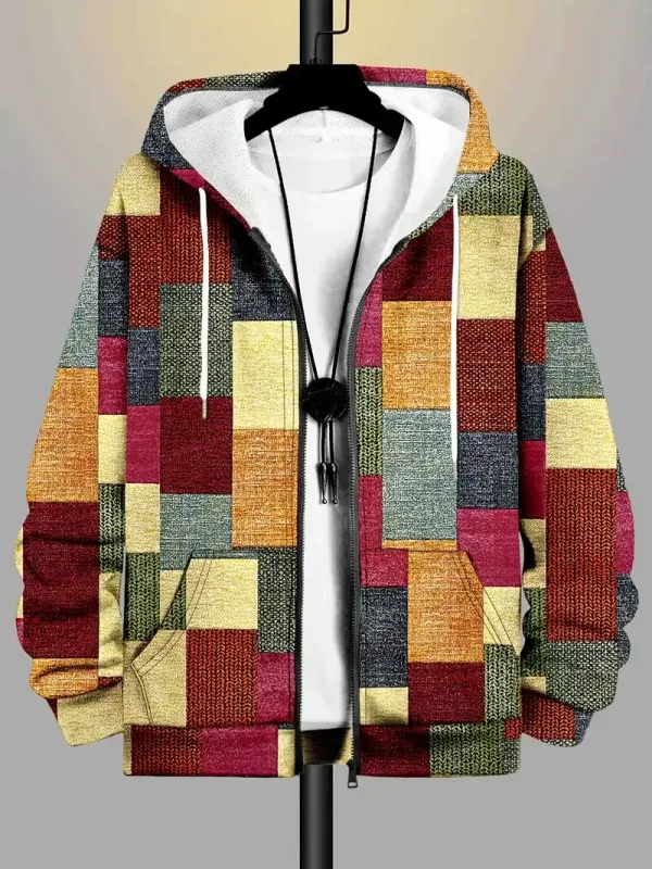 Retro Plaid Print Patchwork Zip Up Hoodie Men's Clothing Hot Style Long Sleeve Pullover Trend Streetwear Men Zip Up Hoodies