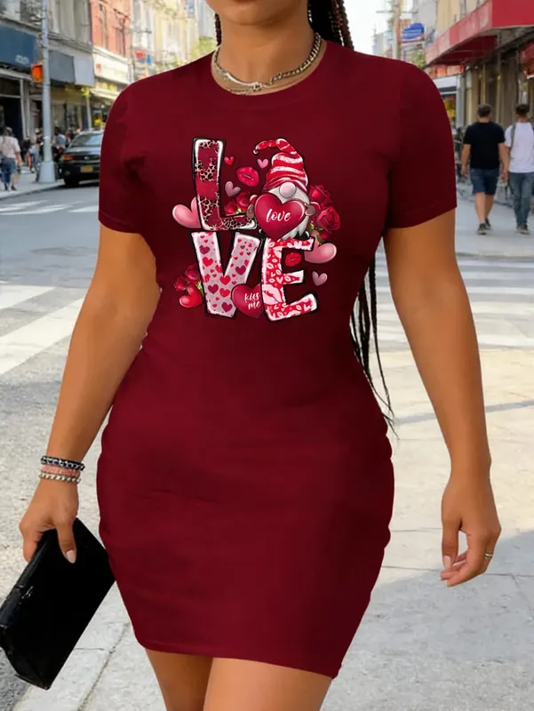 Women's Stylish Casual Plus-Size Design Heart-Shaped and Letter Print T-Shirt Dress - Casual Round Neck Stretch Fabric Machine — image 2