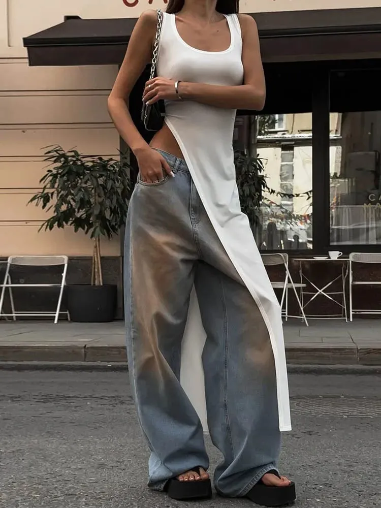 Sexy sleeveless side high slit dress solid color back free women's MIDI dress summer party club streetwear y2k