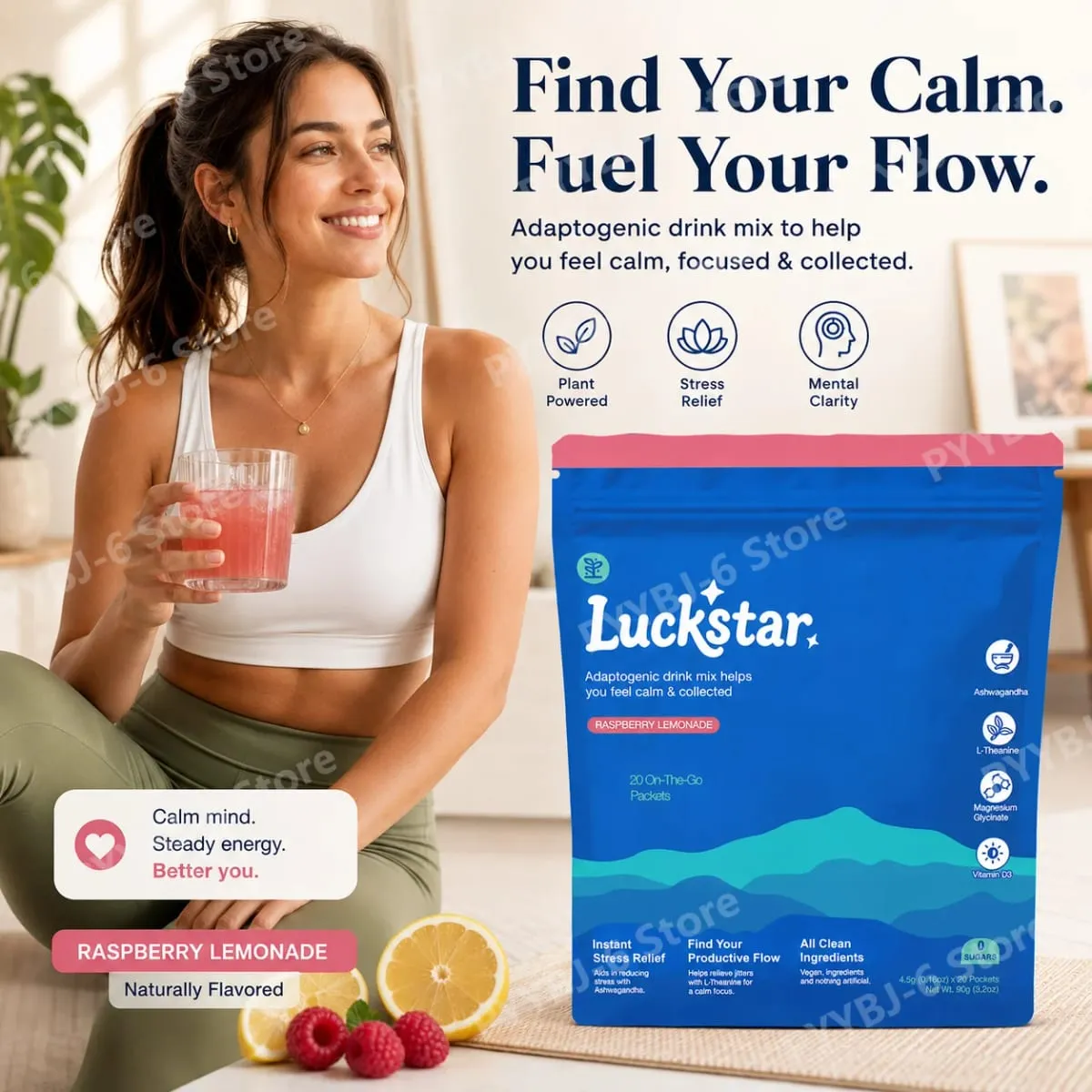 Ashwagandha L-Theanine Magnesium Glycinate Vitamin D3 Supplement Drink Mix Calm Mood Focus Support Raspberry Lemonade 20 Packets — image 5