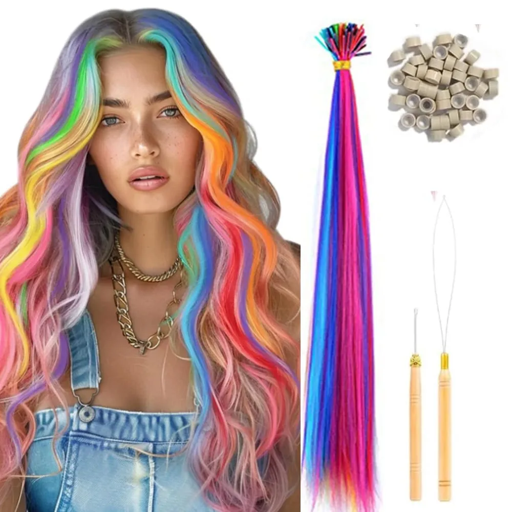 50 Pcs Hair Feathers with Hair Extension Tools Long Straight Synthetic Hair Feather Extensions Kit with Beads for Women Girls