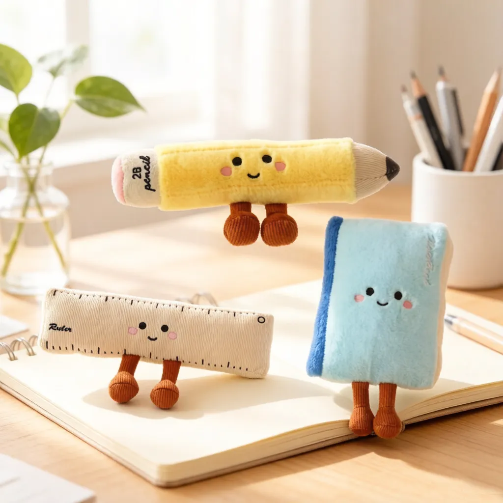 1pc 편지지 플러시 장난감 웃는 Kawaii 얼굴 연필 책 눈금자 다리 인간형 인형 장식 플러시 생일 선물 — image 1
