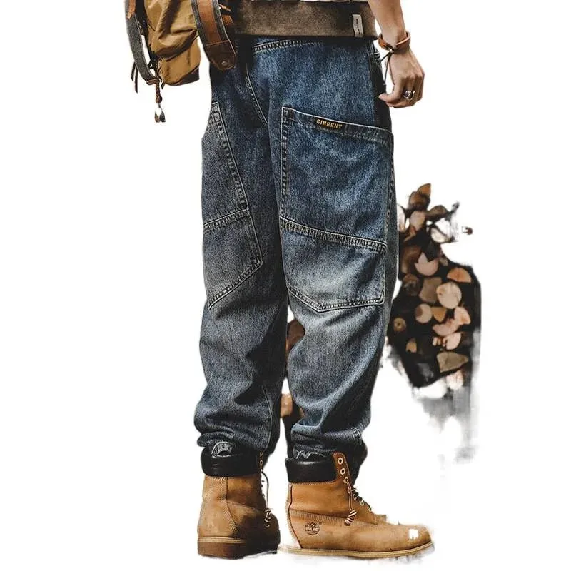 American Retro Jeans Men Autumn High StreetinsTrendy Cargo Pants Men Loose Fit Plus Size Straight Wide-Leg Pants — image 5
