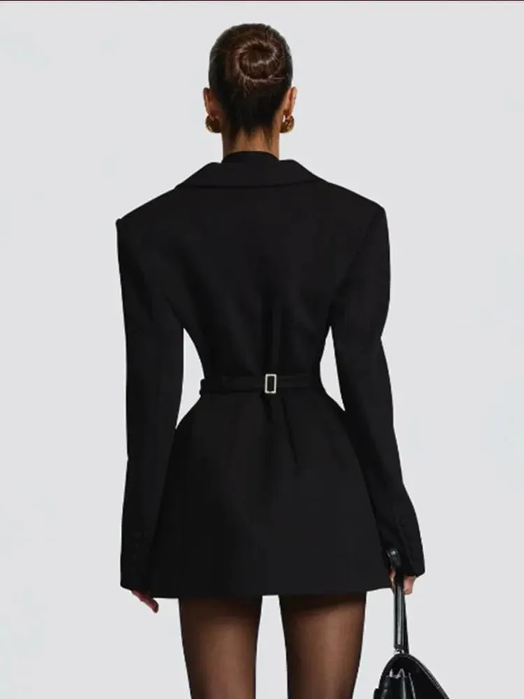 Solid Waist Cinching Blazer Dress Women Chic Long Sleeves Lapel V-neck Double Breasted Slim Short Dresses Lady Daily Street Gown