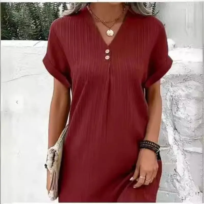 Women's Summer Solid Color Simple Short-Sleeve V-Neck Shirt Dress Comfortable Casual Elegant Loose-Fit Dress with Button Desig