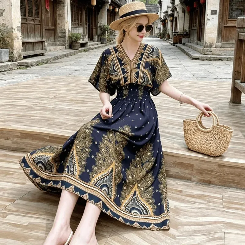 Boho Holiday Women V-Neck Batswing Short Sleeve A-Line Midi Dresses Slim Elastic Waist Casual Vintage Office Lady Elegance Dress