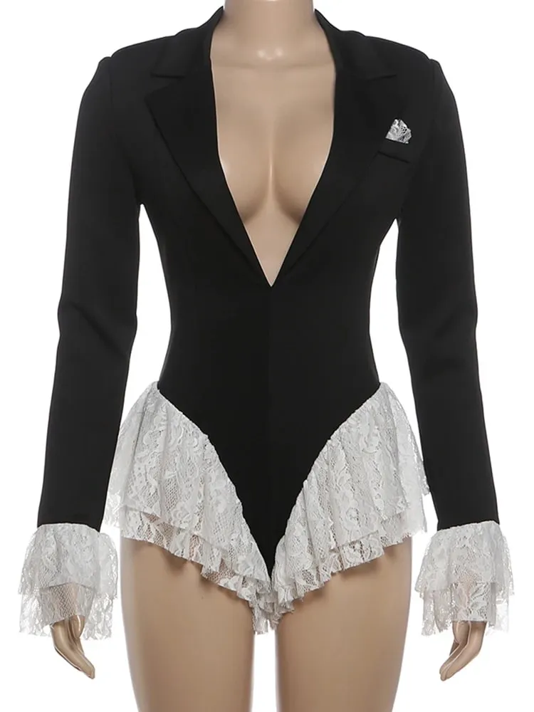 Weird Puss Sexy Ruffle Bodysuit Women Jacquard Deep V-Neck Lapel Tierred Patchwork Full Sleeve Elegant Stretch Skinny Clubwear — image 6