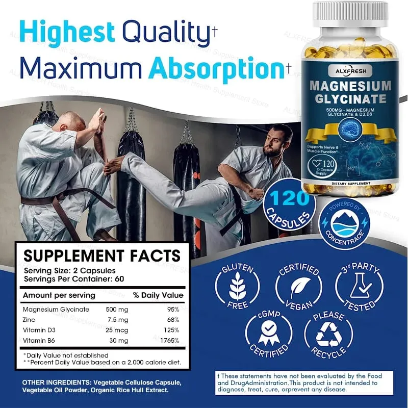 Original Magnesium Glycinate 500mg Supplement – High Absorption for Sleep Muscle & Restful Support - D3 B6 Zinc