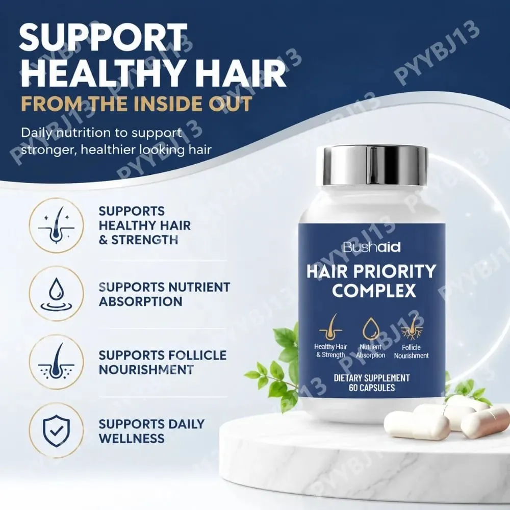 BushAid Hair Nutrition Kapsler med Biotin Hydrolyserede Keratin Peptides Zink og L-Leucin til Daglig Hair Wellness 60 Count