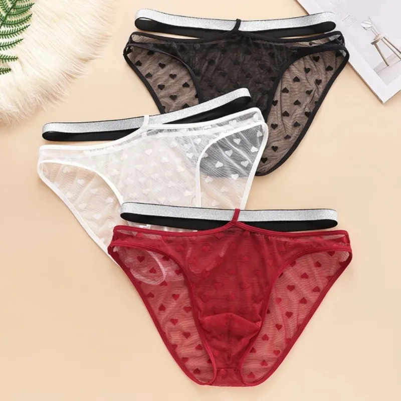 Underpants Lingerie Men's Triangle Panties Mesh Love Heart Men Thin Briefs Large Size Mid Waist Underwear for Men Men
