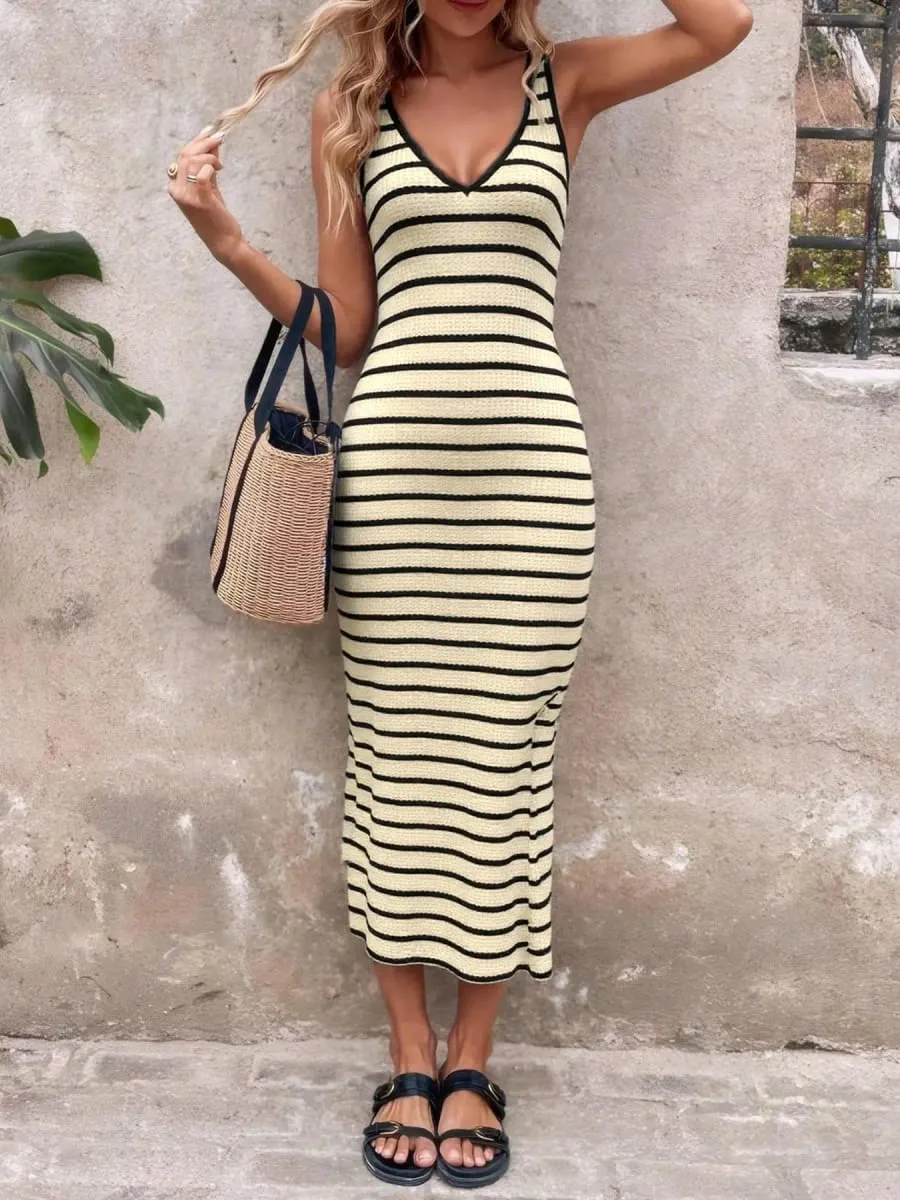 V Neck Striped Knit Midi Dress For Women Sleeveless Side Split Bodycon Long Dress Summer Casual Elegant Tank Dresses — image 4