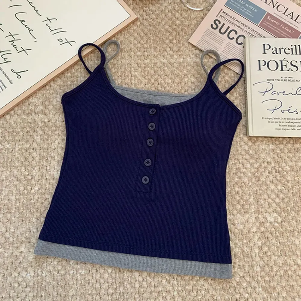 Casual Layered Fake Two-Piece Tank Top Y2K Ribbed Knit Button Cami Slim Fit Sleeveless Vest Top With Chest Pad For Daily Wear