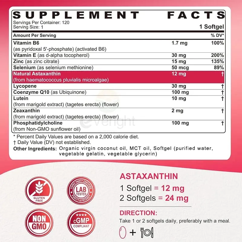 Liposomal Astaxanthin Supplements na may Lycopene CoQ10 Lutein Vitamin B6 E Zinc Antioxidants para sa Malusog na Balat na Pagtanda ng Mata — image 6