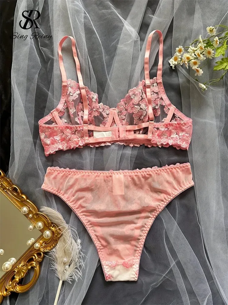 Lingerie velata a rete Abiti a due pezzi Set di biancheria intima floreale francese seducente Set di reggiseno e slip sexy con ricamo da donna — image 3