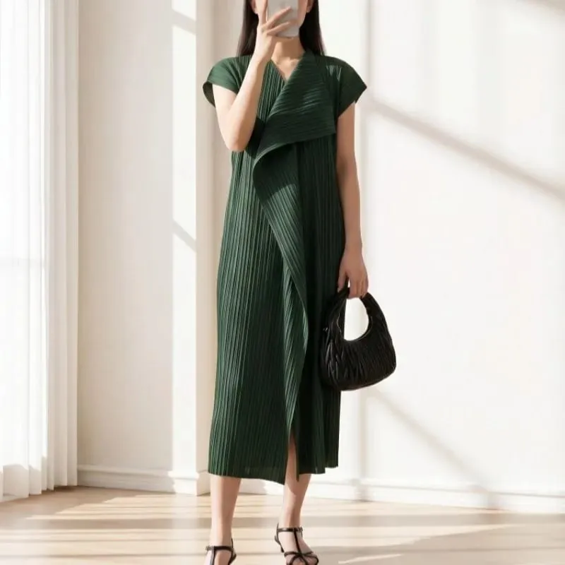 Miyake Pleated Dresses 2026 Summer New Sleeveless V-Neck Irregular Elastic Draped V-Neck Vest Elegant Women's Temperament Dress