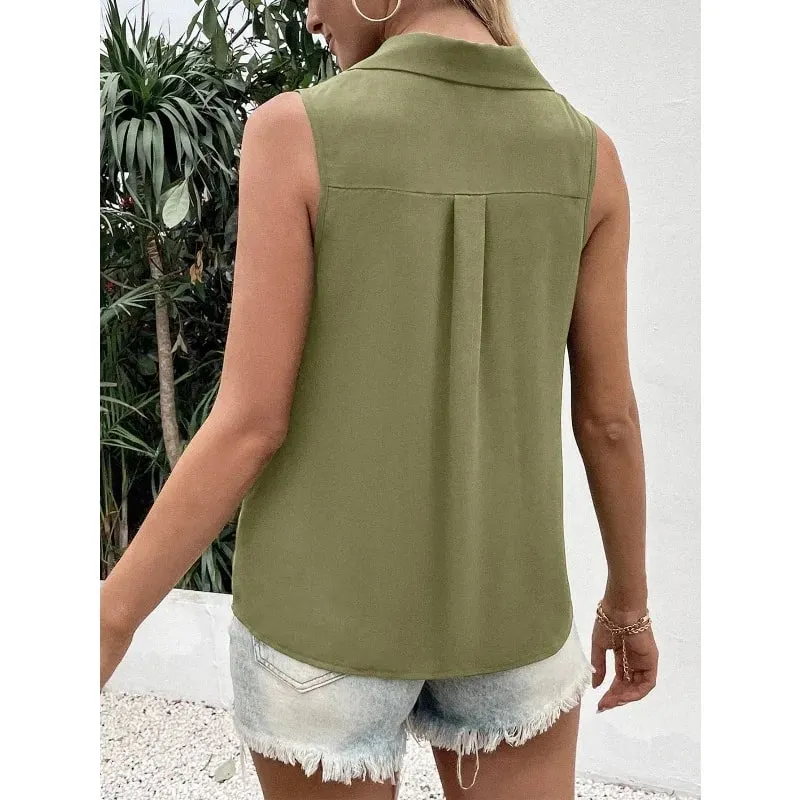 Women's V-Neck Button Chiffon Blouse Summer Lightweight Loose Casual Sleeveless Top Office Lady Solid Color Basic Vest — image 4