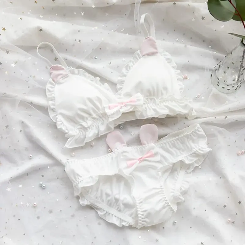 Nhật Bản Mềm Mại Bé Gái Bộ Áo Ngực Dễ Thương Mèo Con Paw Thiết Kế Vải Lụa Sữa Không Dây Tam Giác Cúp Quần Lót Nữ