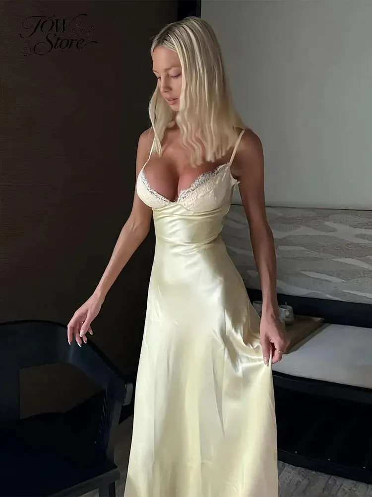 Solid Satin Lace Slip Dress Spaghetti Strap Trim Women V-neck Bias Cut Maxi Dresses 2026 Lady Elegant Evening Party Summer Gown — image 4