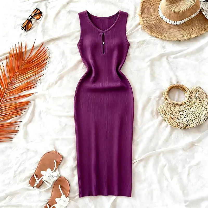 Women's Solid Summer Blue Pink Midi Dress Sleeveless Stretchy Knit Ribbed Keyhole Cutout Bodycon Sundress Party Vacation Dress