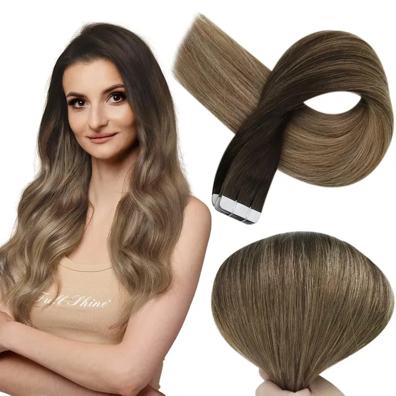 Full Shine Tape in Hair Extensions Balayage Tape ins Human Hair Extensions 20Pcs 50G Ombre Seamless Remy Skin Weft Hair