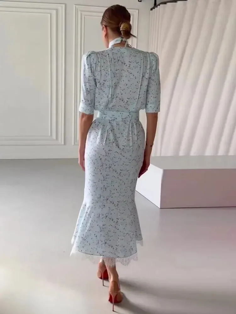 Deep V Neck Lace Trimmed Printed Dress Women Light Blue Tie Front Button Up Short Sleeve Robe Summer Lady Party Dresses 2026