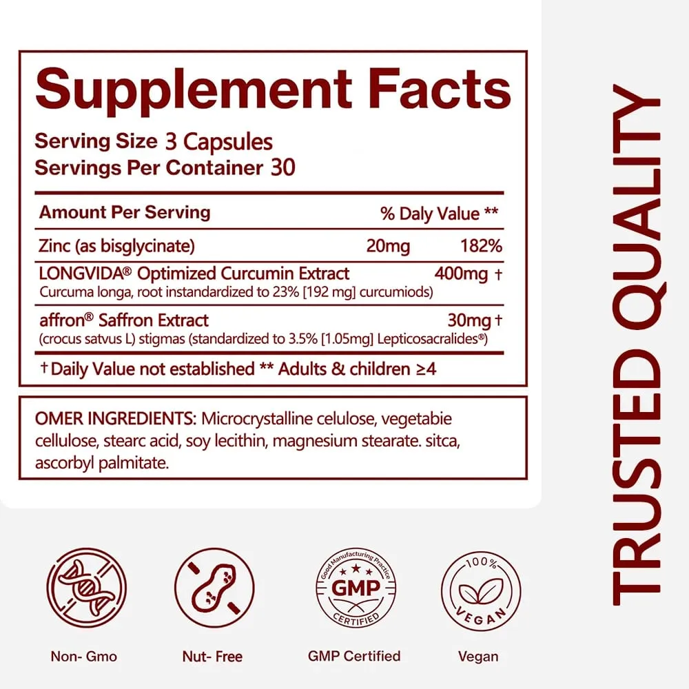 Saffron Supplements for Mood & Focus & Stress - with Saffron Flower Extract Curcumin & Zinc - Vegan Gluten Free | 90 Capsules