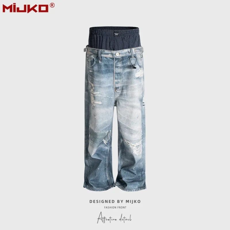 Fake Two-Piece Jean Double Waist 3D Printed Jeans ZJ164