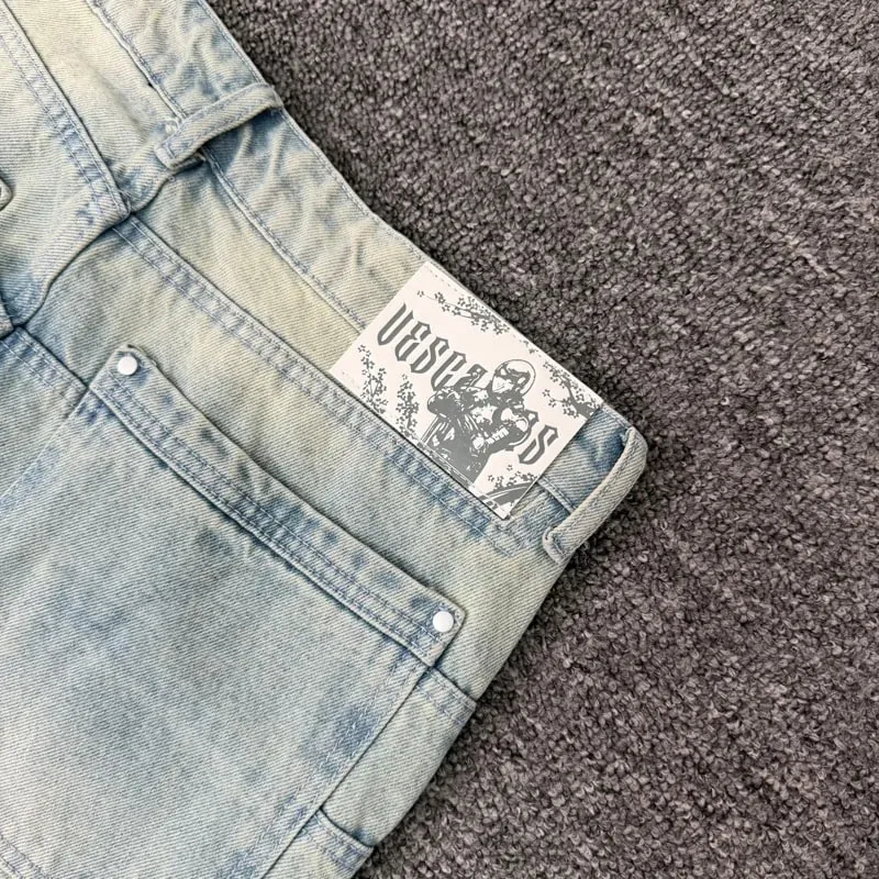 Blue Vescartes Cherry Blossom Knight Loose Straight Jeans High Quality Men Women Streetwear Fashion Denim Trousers Leather Label — image 4