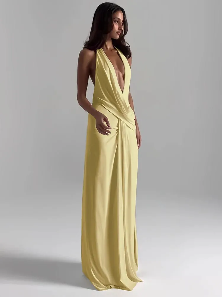 Cutenew Party Simple ผู้หญิงชุด Maxi Solid Trend Halter Cross แกว่งคอ Backless V คอสูงแยก Bodycon Mujer Vestidos
