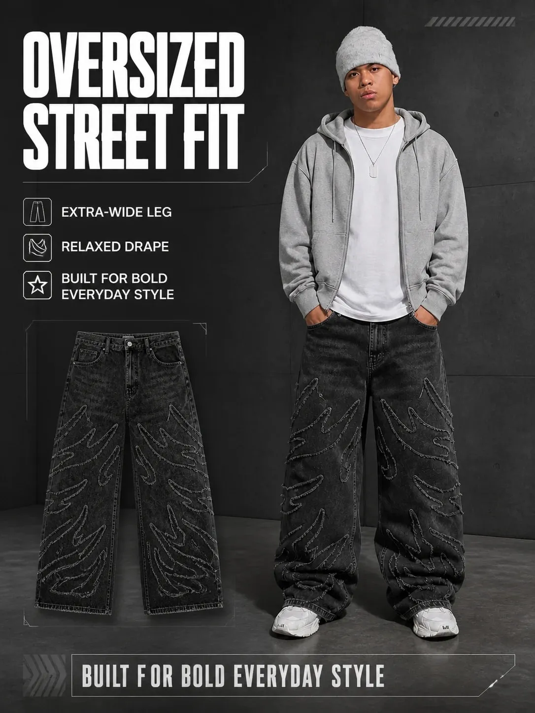 Streetwear Black Denim Wide Leg Jeans Featuring Oversized Letter Embroidery and Distressed Baggy Jeans Fit Gothic Hip Hop Pants