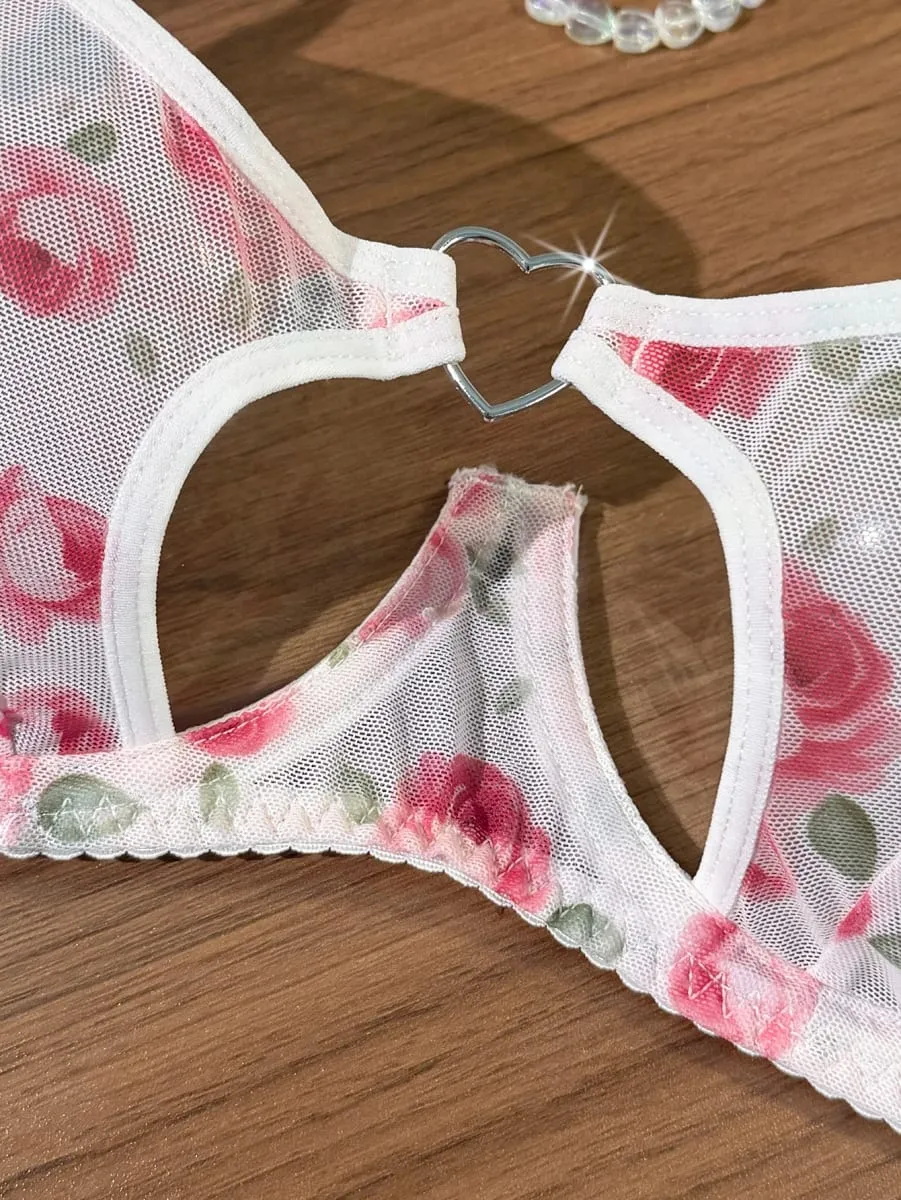 French Romantic Pink Rose Print Sheer Mesh Lingerie Set Heart Cutout Underwire Bra & Thong — image 2