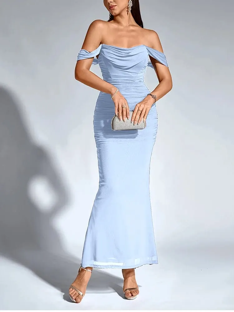 NewAsia Women's Off Shoulder Ruched Mesh Long Corset Dress Backless Fishbone Bodycon Elegant Fashion Party Club Maxi Dresses