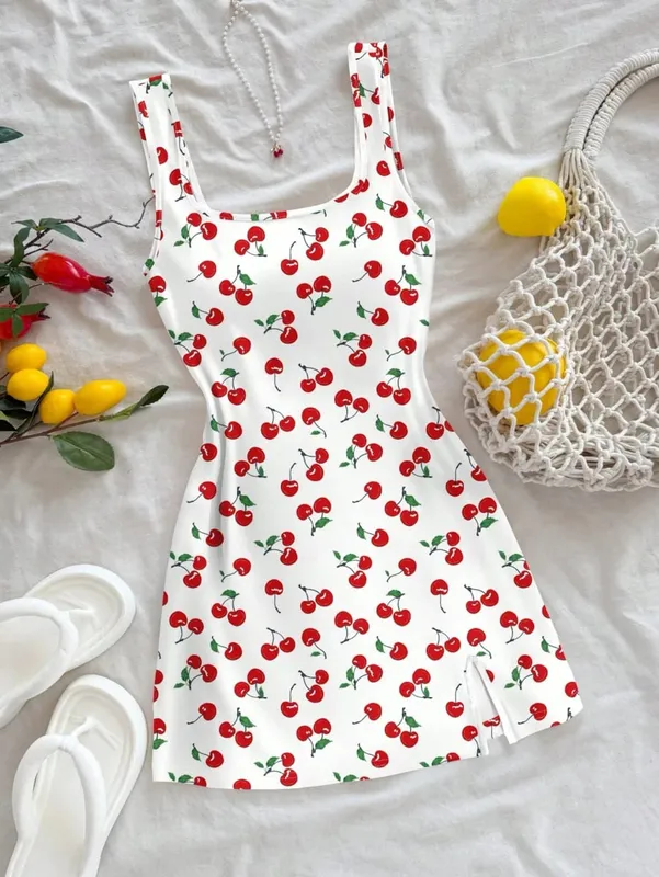 Women's Sexy Vacation Style U-Neck Cherry Print Open Back Side Slit Mini Dress for Spring/Summer — image 7