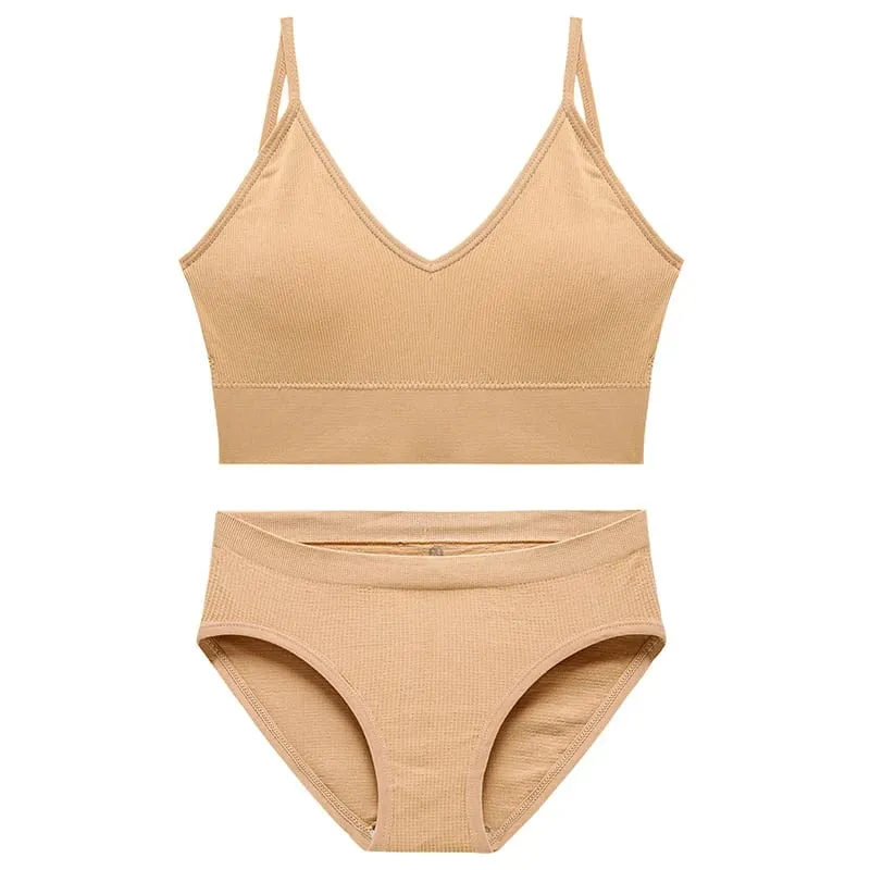 Women's Seamless Ribbed Bra and Panty Set 2 Piece Spaghetti Strap Crop Top High Stretch Lingerie Set with Removable Pads — image 10