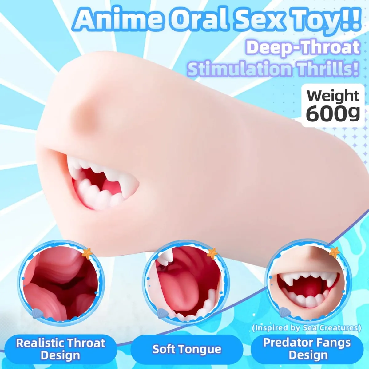 YUU Sea Predator Mouth Male Masturbator Real Mouth Deep Throat Pocket Pussy Blowjob with Fangs Tongue Masturbation Toys Oral Sex