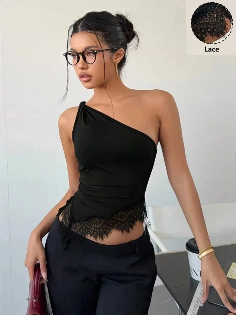 Women Black Lace Patchwork Twist Knot One Shoulder Top Summer Casual Y2K Street Style Backless Ruched Slim fit Crop Top — image 6