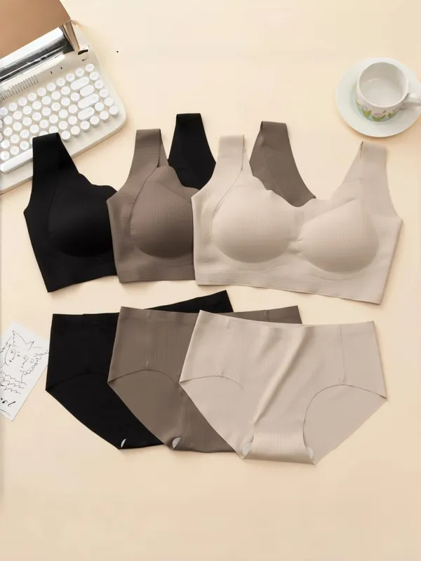 3 Sets Ribbed Wireless Wide Strap Bra & Matching Seamless Brief Lingerie Sets