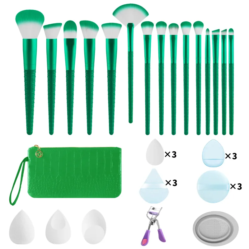 33 ชิ้น All In One ชุดเครื่องมือแต่งหน้า 15 แปรงฟองน้ำความงามแป้งพัฟ Eyelash Curler พร้อมกระเป๋าสำหรับ full Face แต่งหน้า