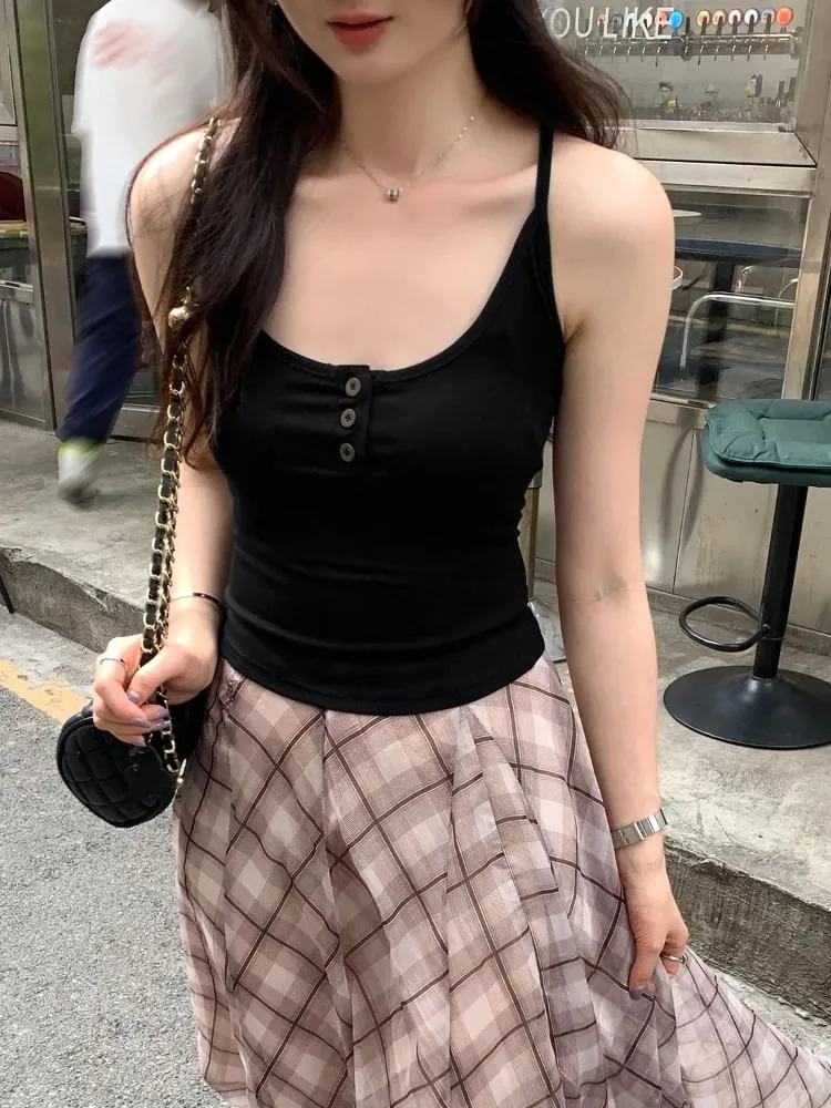 Korean Stylish Design U-Neck Button Sleeveless Camis 2026 Summer Y2K Hot Girl Layering Tank Top Solid Color Versatile Crop Top