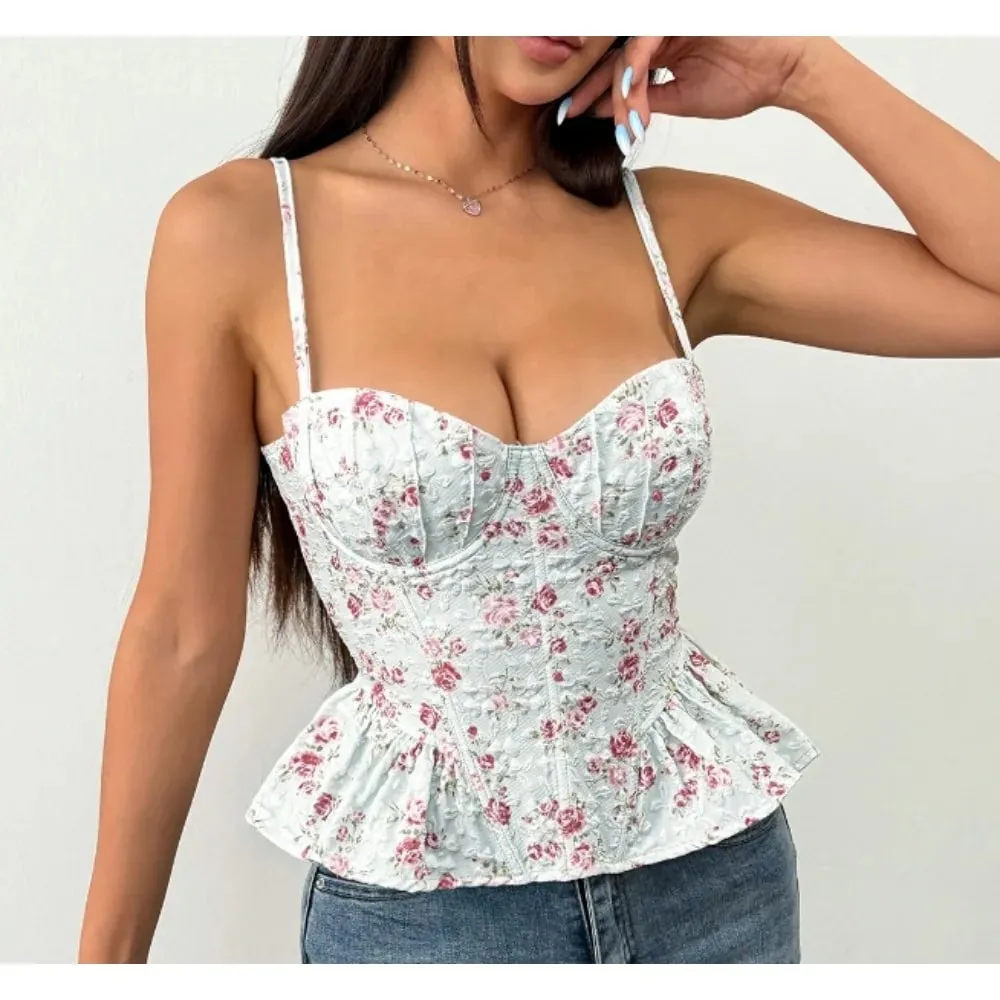 เซ็กซี่ Slim Corset ruffle พิมพ์เกาหลี Camis Tank Top Basic แฟชั่นปิดไหล่ฤดูร้อนเสื้อผ้าผู้หญิง