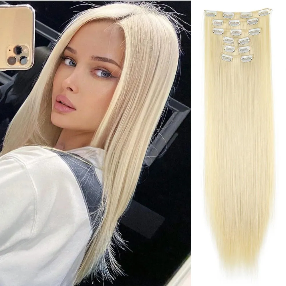 Black Hair Extensions 24"/60cm 6pcs/set Women Long Straight Synthetic Full Head Clip 16 Clips Ombre Heat Resistant Fiber Hair