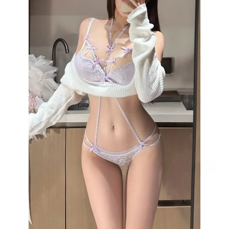 Aesthetic Purple Bow Necklace & Bra Set - Low Saturation Matching Lingerie Push Up Bra & Adjustable Necklace for Women MOYISU — image 5