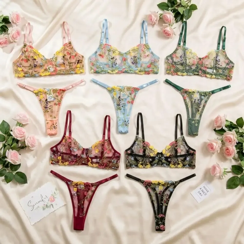 2dílná sada květinového spodního prádla Průsvitné všestranné spodní prádlo Intimky Výšivka Kostice Push-up Bra Kalhotky pro slečnu