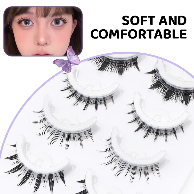5 paires de faux cils auto-adhésifs Manga de Style mixte, sans colle, bande naturelle réutilisable, pour le maquillage quotidien des yeux