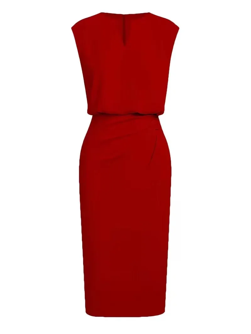 Women Red Elegant Sleeveless V Neck Ruched Slim Work Cocktail Party Summer Bodycon Pencil Midi Dress — image 3