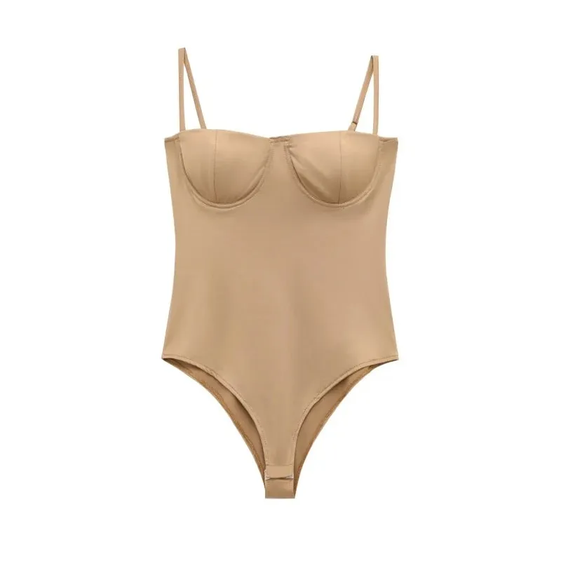 2026 Sexy Underwire Spaghetti Strap Bodysuit for Women – Spring Summer Slimming Bodycon Daily Outfit with Flare Jeans